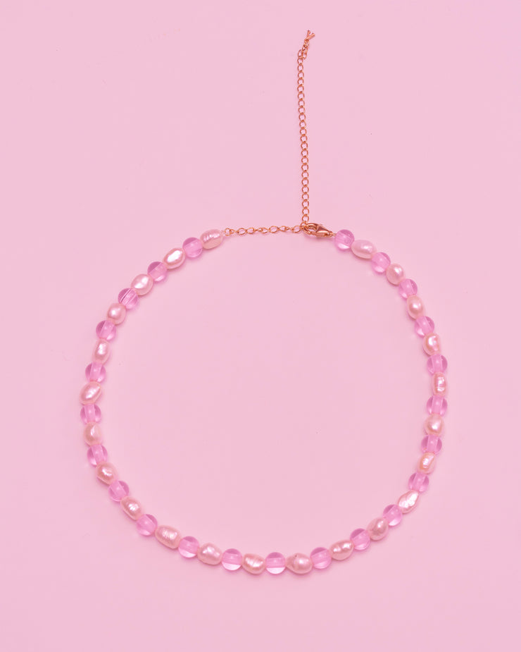 Glass + Pearl Beaded Necklace in Rosa
